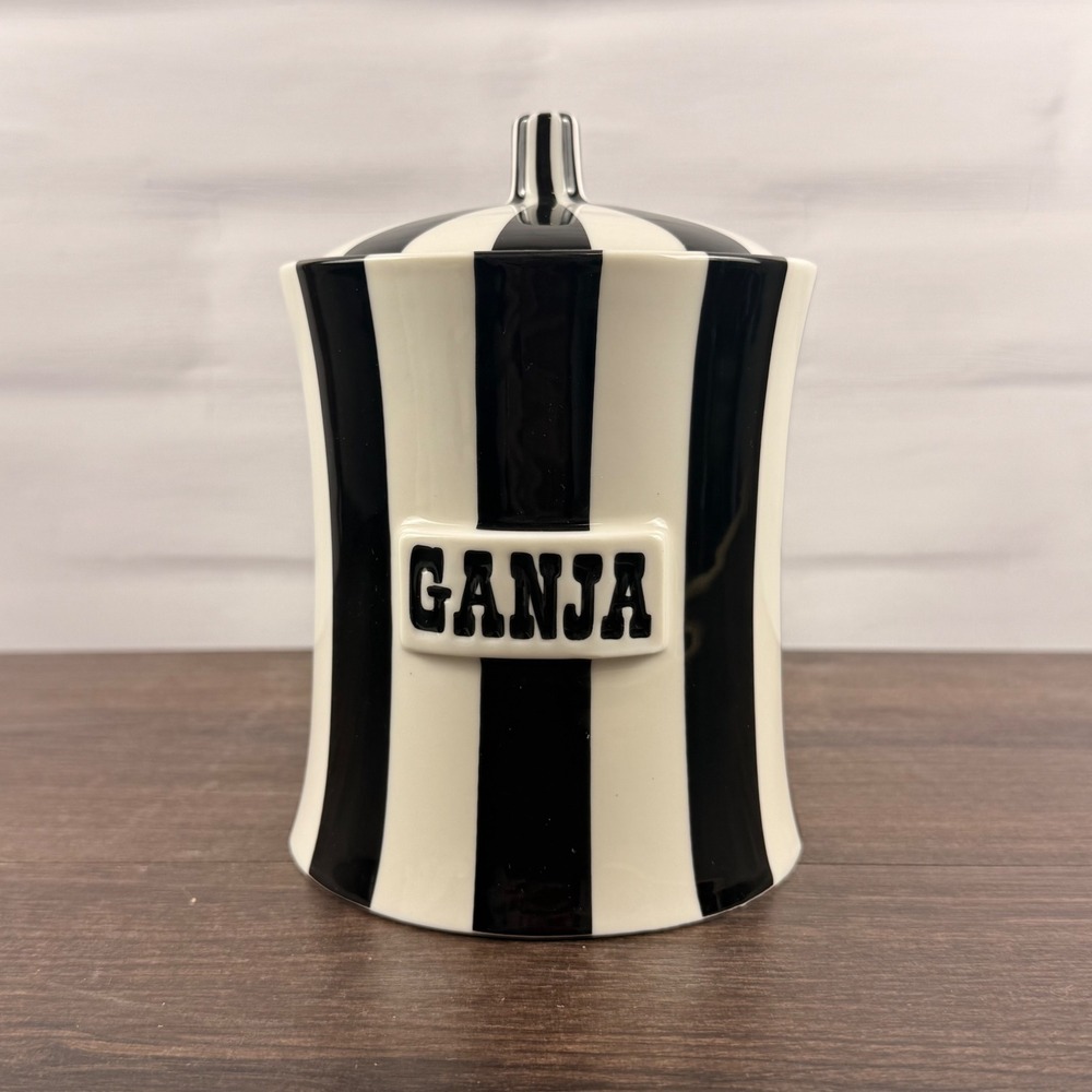 Jonathan Adler Vice Ganja Canister Retired Black White Stripe Porcelain